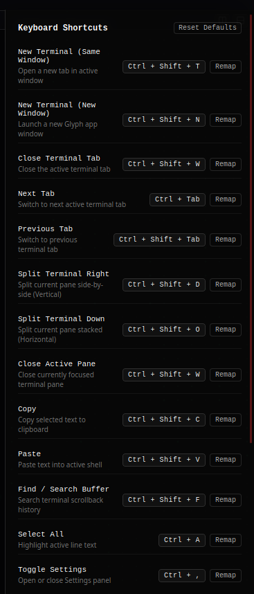 Glyph Preferences showing theme controls, font configuration and performance toggles